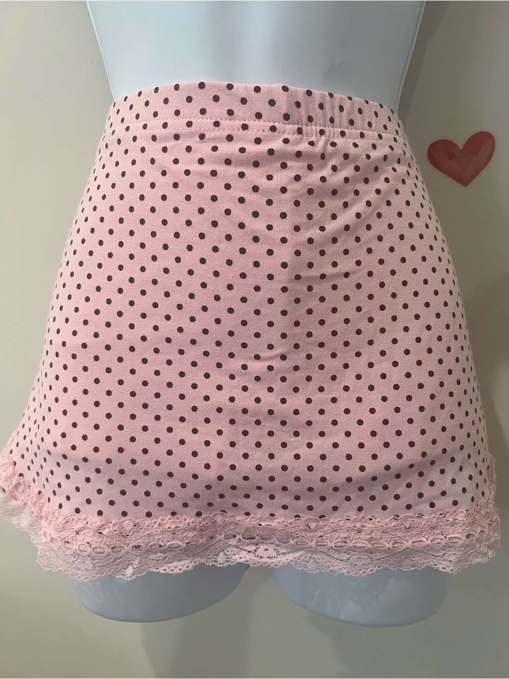 Kittenish Pink and Brown Polka Dot Mini Skirt with Lace Trim